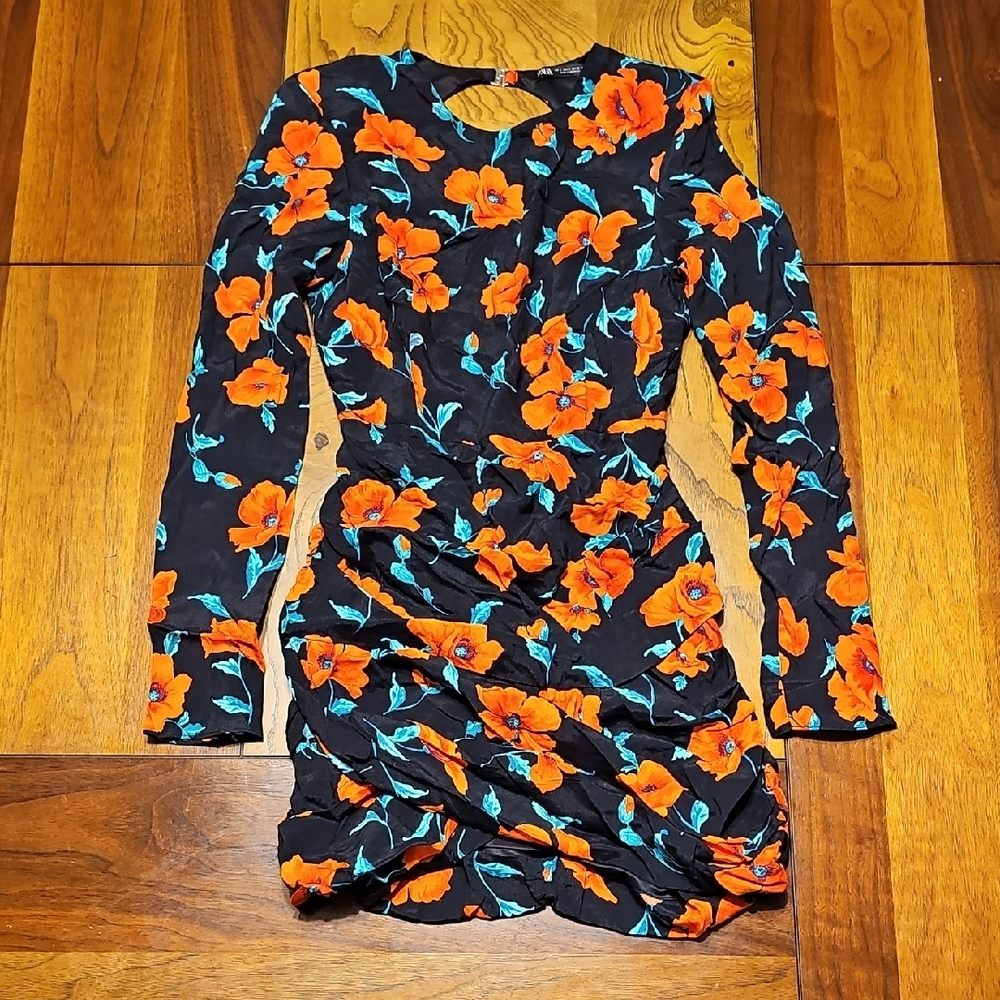 Zara Black Dress with Orange Floral Print